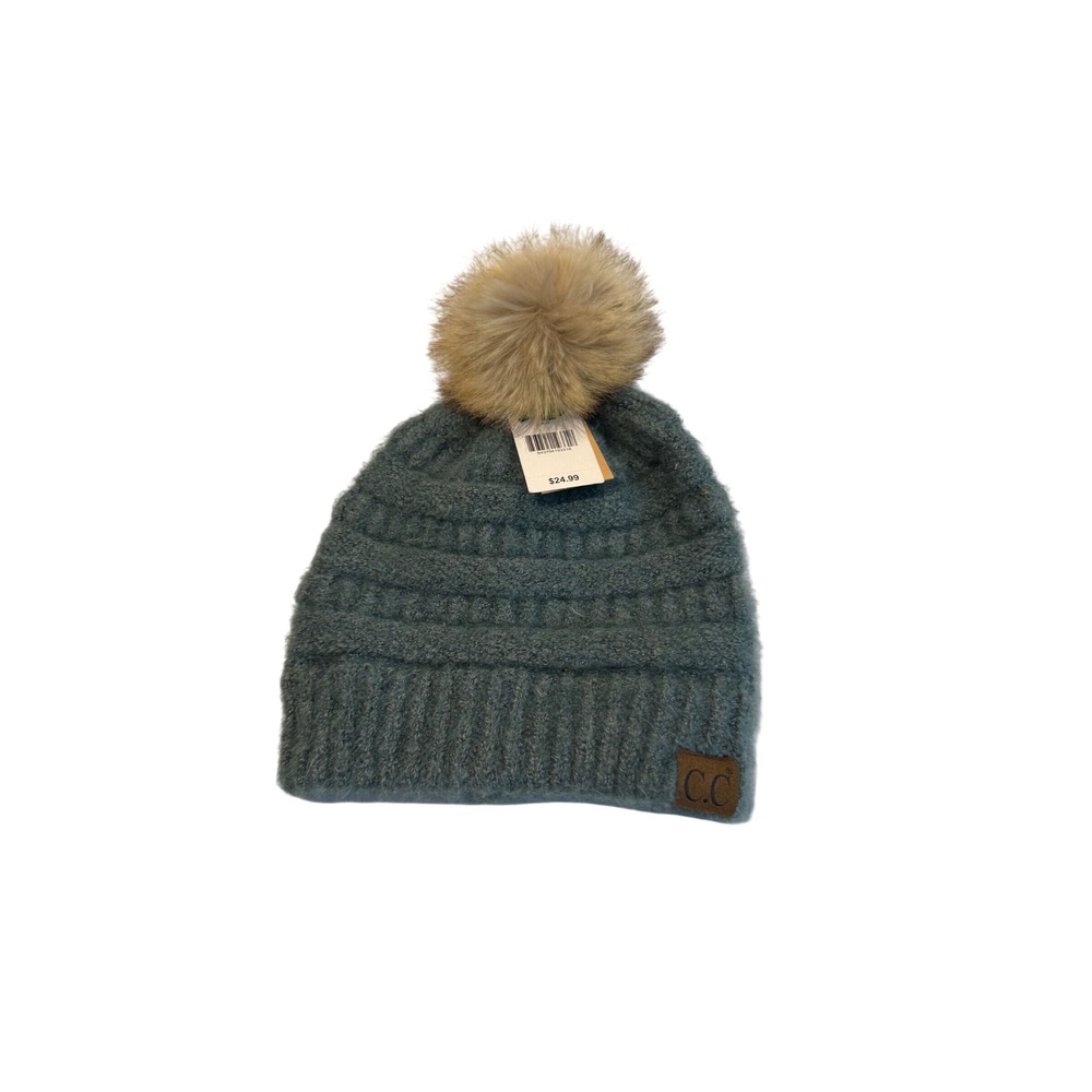 C.C. Beanie Teal Blue Recycled Yarn Faux Fur Pom Knit Hat NWT the paper store